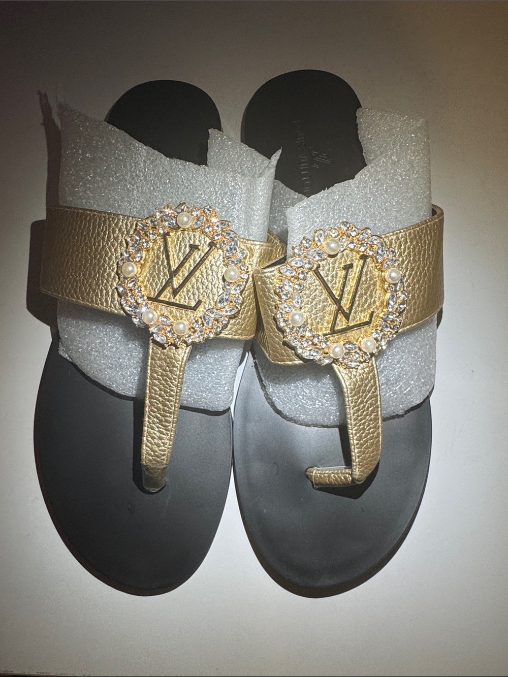 Louis Vuitton Gold Jeweled Thong Sandals with Black Footbed